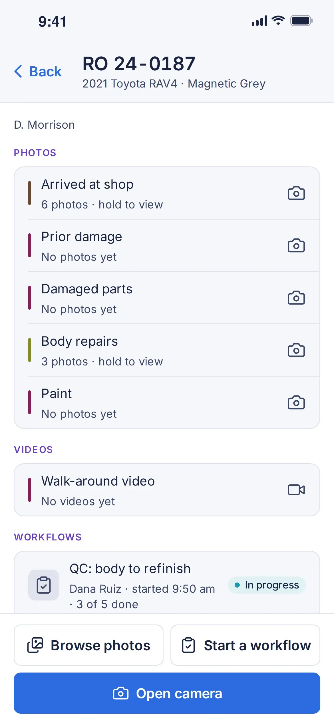 ShopCam phone app: repair order 24-0187, a 2021 Toyota RAV4, with its photo categories, a walk-around video, its checklists, and Open camera