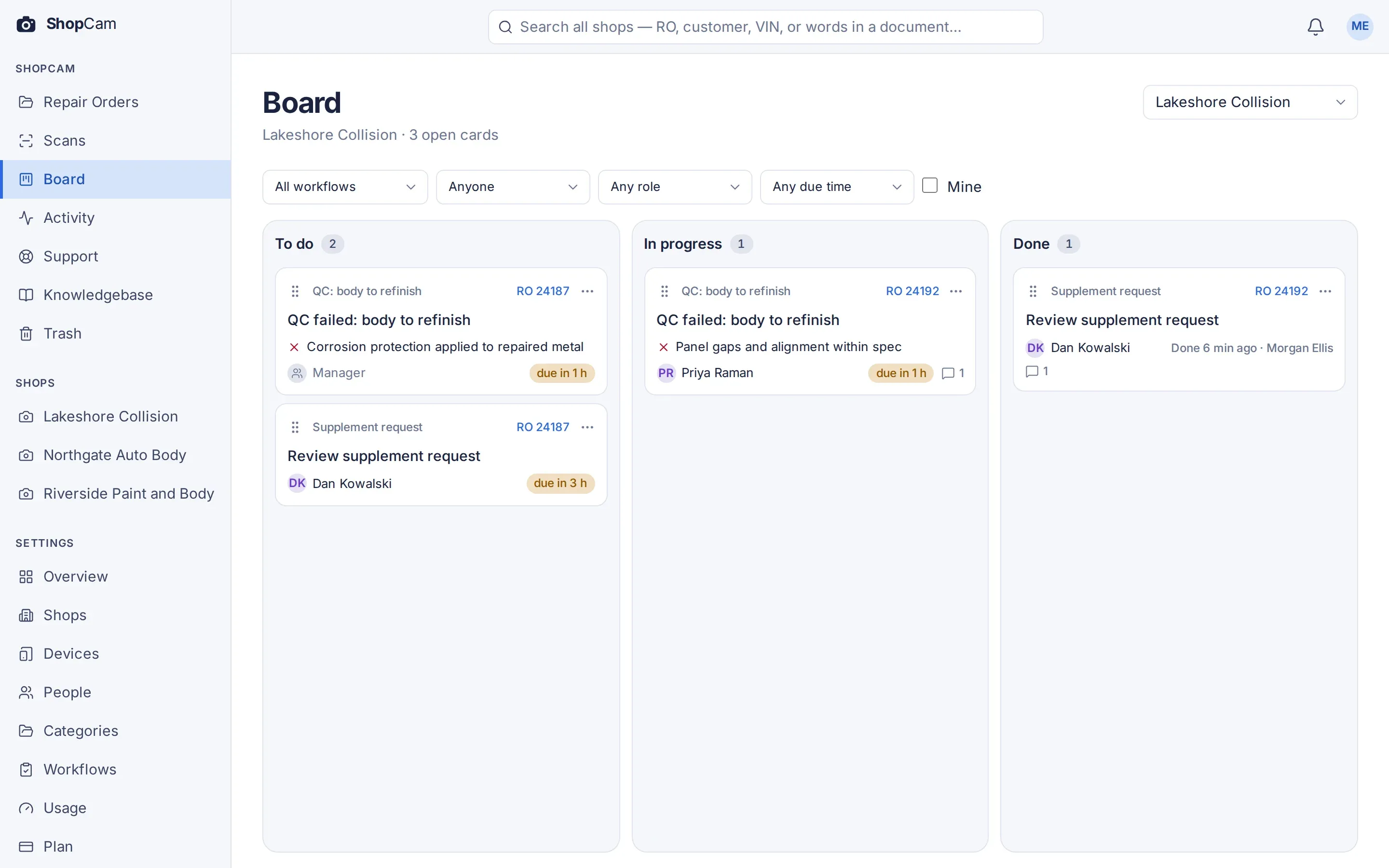 ShopCam task board for one shop: To do, In progress and Done columns, with cards for a failed QC check and for supplement requests, each with who it is assigned to and when it is due