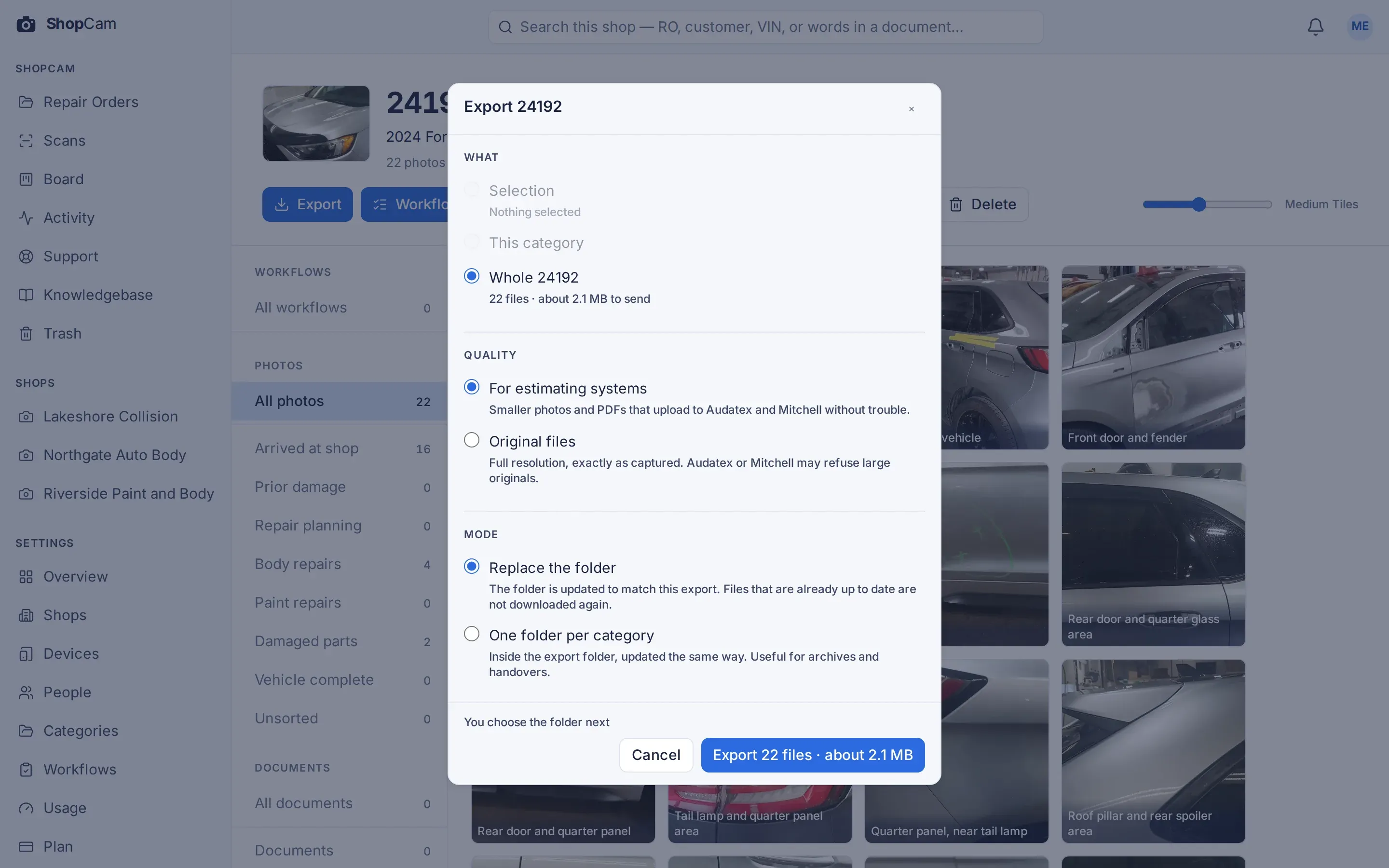 Export dialog for repair order 24192 with "For estimating systems" selected over "Original files", and an Export 22 files button