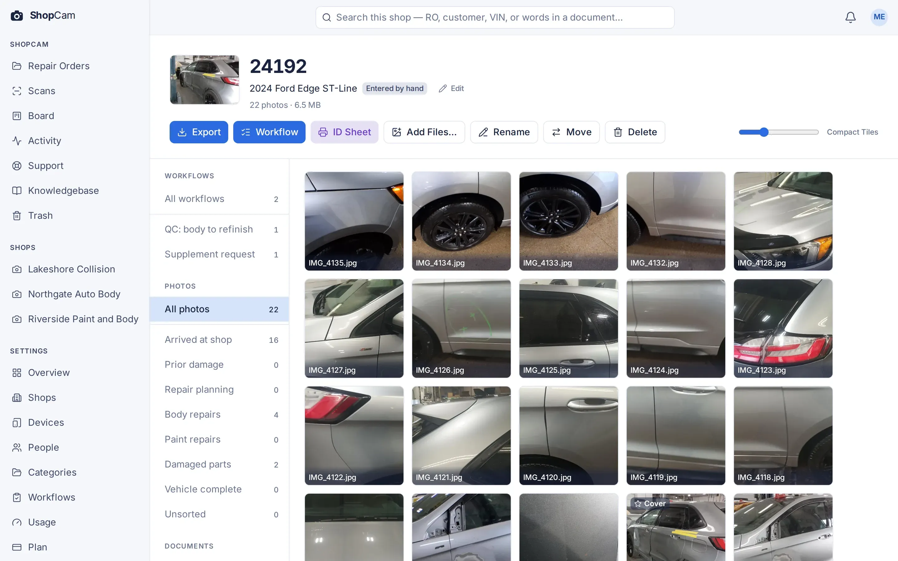 ShopCam web app: repair order 24192, a 2024 Ford Edge, with 22 photos in a grid, a category list with photo counts, and the Export, ID Sheet, Rename, Move and Delete actions
